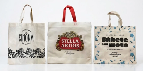Bolsas ecológicas de friselina con asas, fuelle inferior y lateral personalizadas con logo